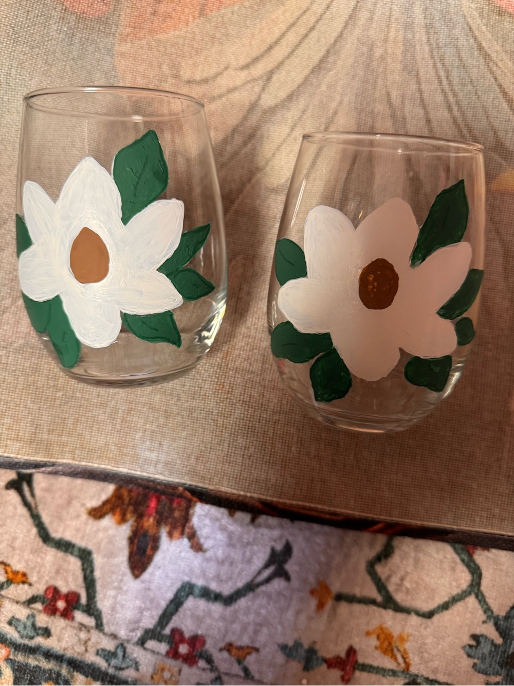 Hand-Painted Floral Stemless Wine Glasses - White Flowers, Green Leaves
